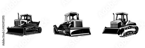 Vector illustration of construction machinery including three different bulldozers in a black and white style