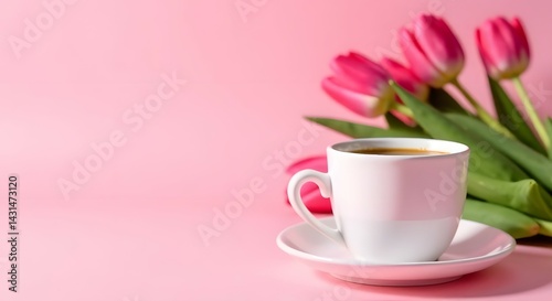 Cup of warm coffee among fresh pink tulips and pink background