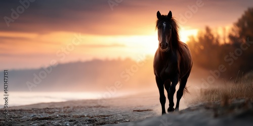Horse walking along the shore at sunset with vibrant colors reflecting on the water