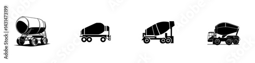 Illustration of various concrete mixer truck designs in a clean black and white vector style