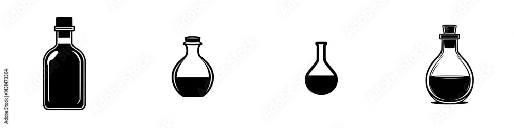 Black and white vector illustration icons of various laboratory bottles in different shapes and sizes Black and white vector illustration icons of various laboratory bottles in different shapes and sizes