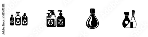 Vector illustration icons of cleaning and chemical products displayed in black and white design for modern graphics