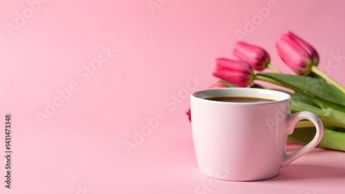 Cup of warm coffee among fresh pink tulips and pink background