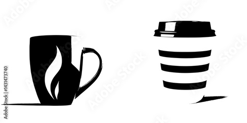 Black and white vector illustration of coffee cups showcasing different designs and styles for versatile usage