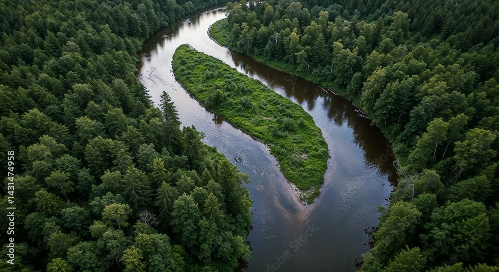 Serene River Curving Through Lush Green Forest Serene River Curving Through Lush Green Forest