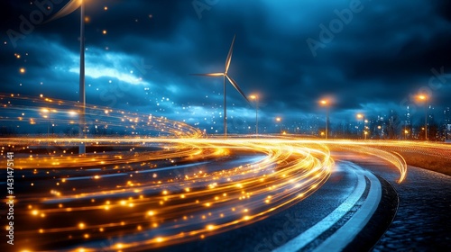 Futuristic Cityscape Night Road with Dynamic Light Trails Urban Environment Digital Art Vibrant Viewpoint Conceptual Design