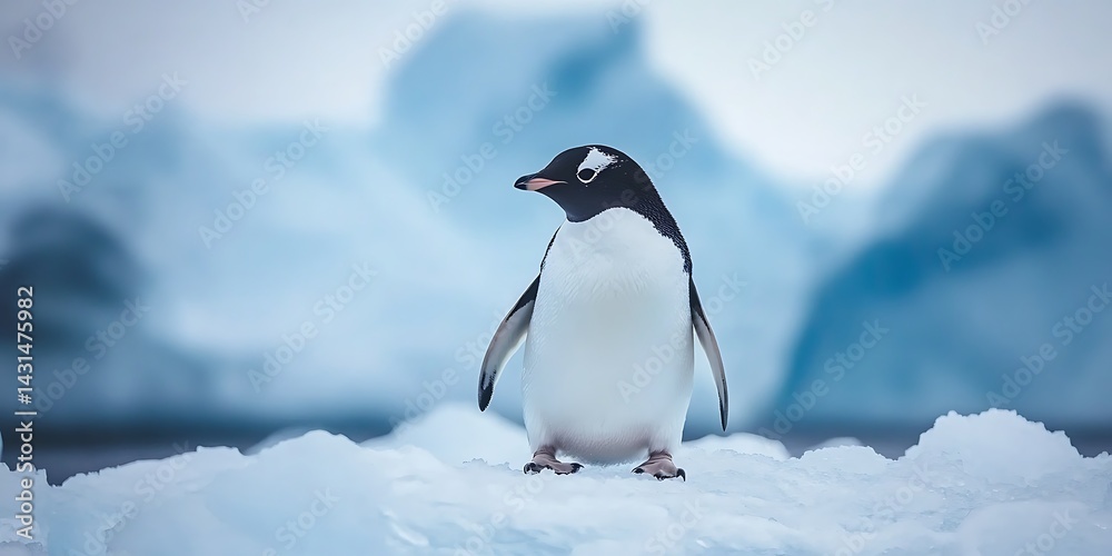 Fototapeta premium Adorable Penguin Standing on Ice in Snowy Antarctic Scene