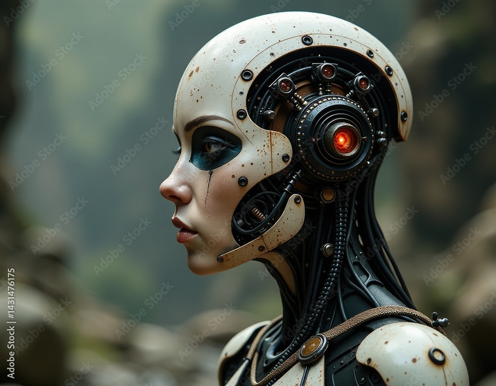 Futuristic Cyborg Woman Profile - AI Robot with Grunge Aesthetic
