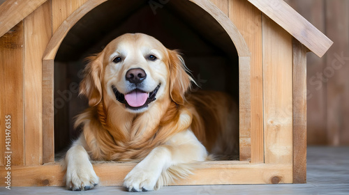 Golden retriever dog resting in a wooden dog house with a bright smile photo