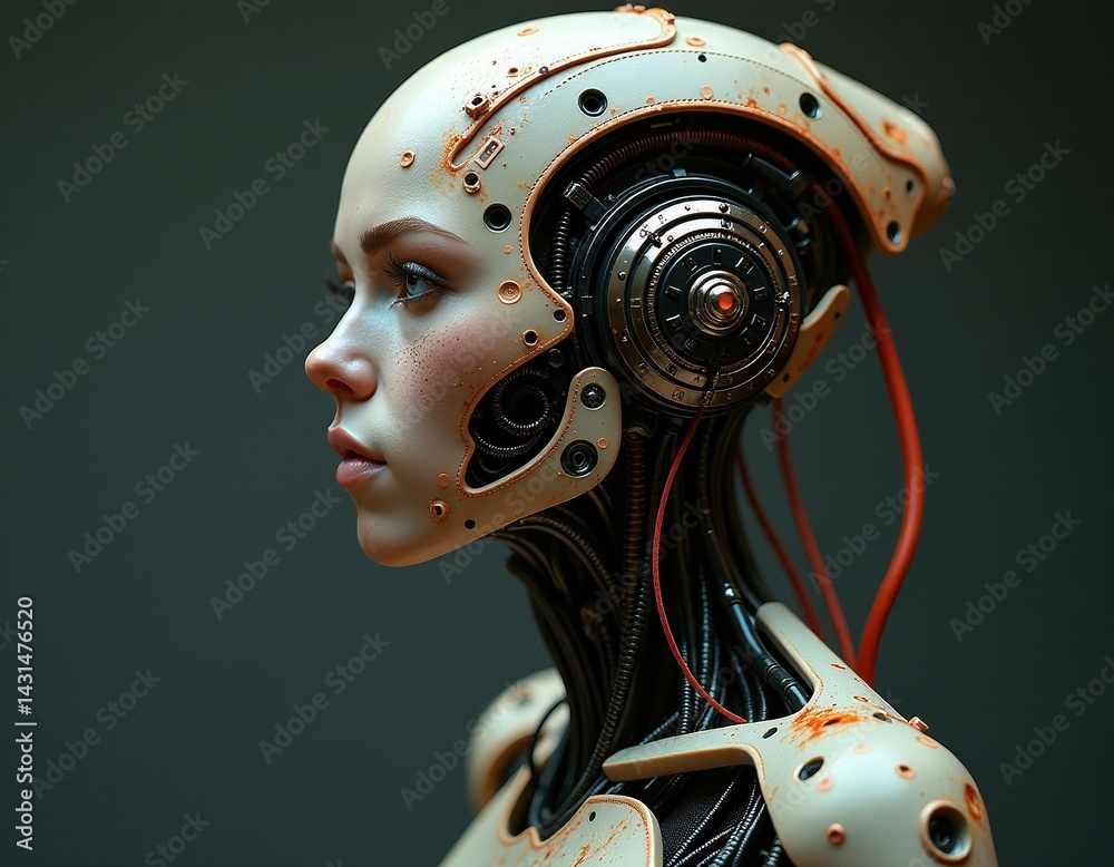Futuristic Cyborg Woman - AI Robot with Rusty Texture