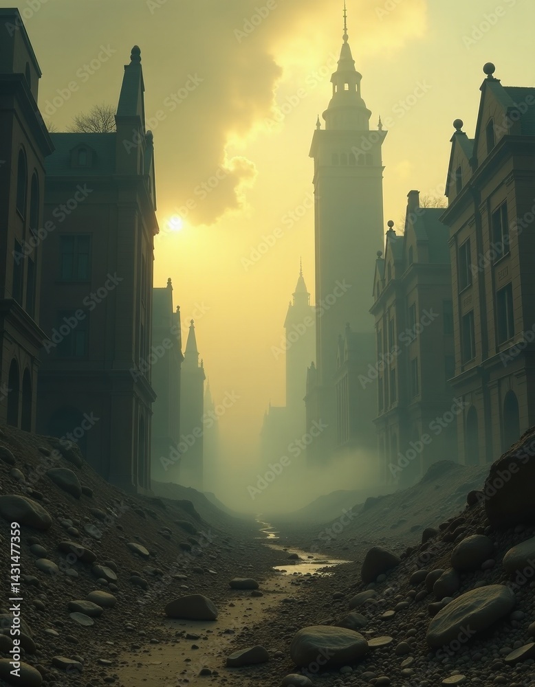 Mysterious Foggy Old Town at Sunset - Post Apocalyptic Cityscape