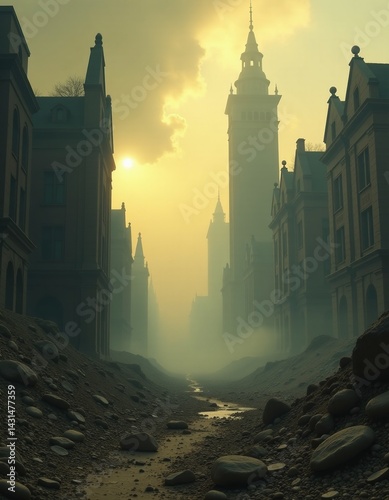 Obraz na płótnie Mysterious Foggy Old Town at Sunset - Post Apocalyptic Cityscape w salonie