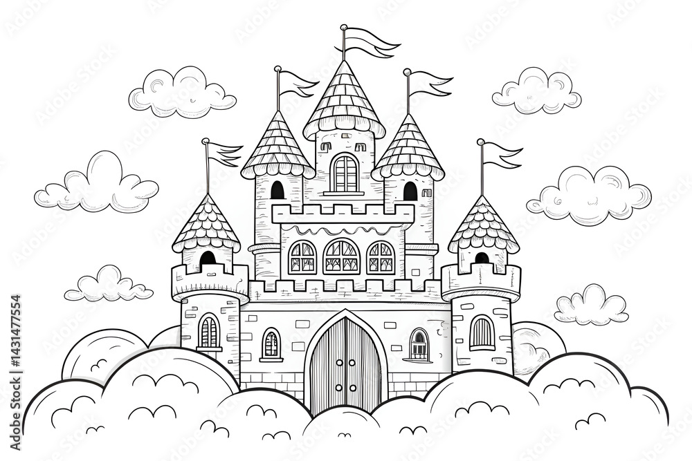 Obraz premium castle on the hill kids coloring book page design 