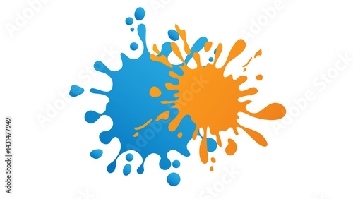 Two distinct paint splashes, blue and orange, colliding and overlapping.
