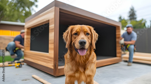 Golden retriever poses proudly in front of its modern custom-built doghouse