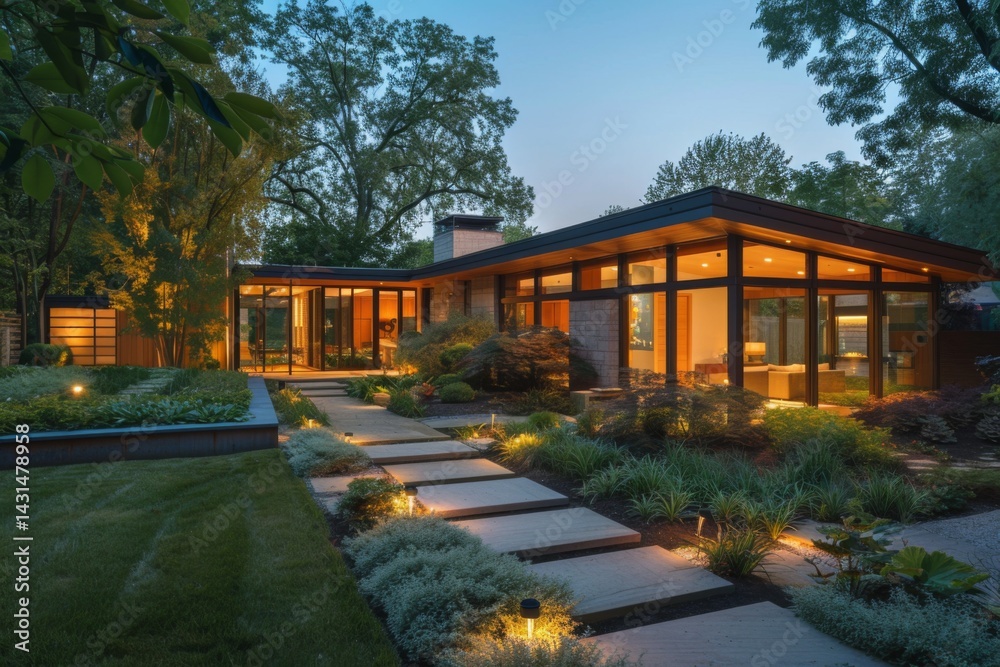 Obraz premium Modern house exterior at night with illuminated garden pathway and landscaping