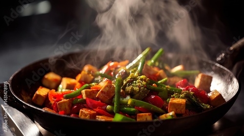 Sizzling Cast Iron Skillet Showcases Vibrant Vegetable and Tofu Stir Fry in a Cozy Kitchen