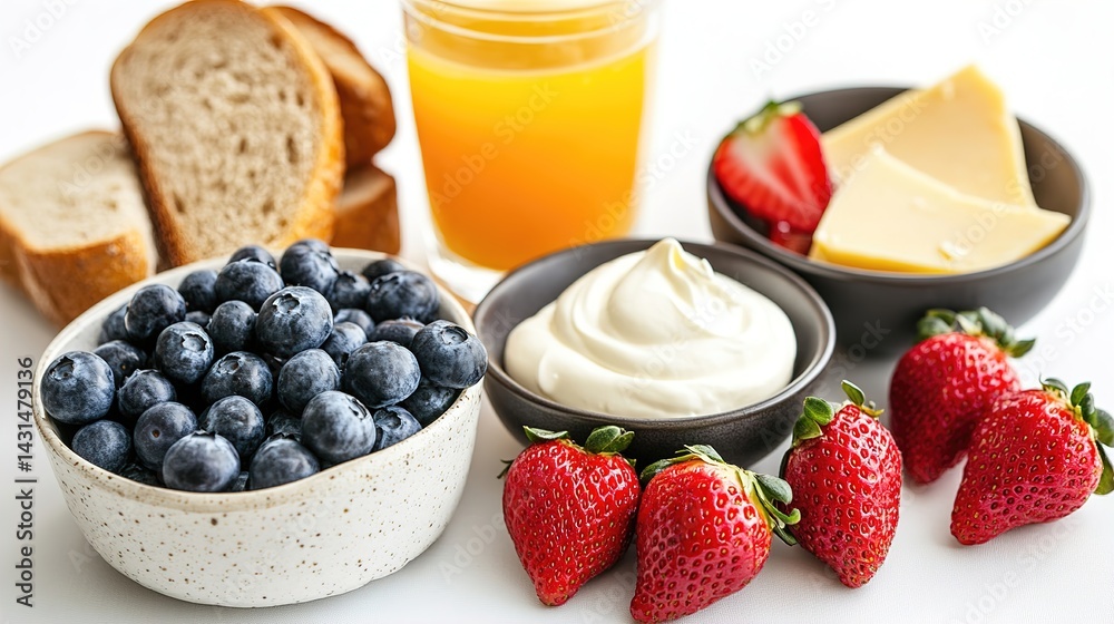 In the bright and inviting kitchen, a white table is adorned with a delicious spread of fresh fruit, milk, orange juice, and a jar of golden honey, offering a wholesome and nutritious breakfast option In the bright and inviting kitchen, a white table is adorned with a delicious spread of fresh fruit, milk, orange juice, and a jar of golden honey, offering a wholesome and nutritious breakfast option