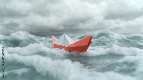 A small paper boat is struggling to stay afloat amid strong waves, surrounded by dark clouds in the sky. It conveys a sense of resilience in turbulent conditions