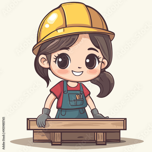 carpenter girl mascot cute cartoon no details solid background bright