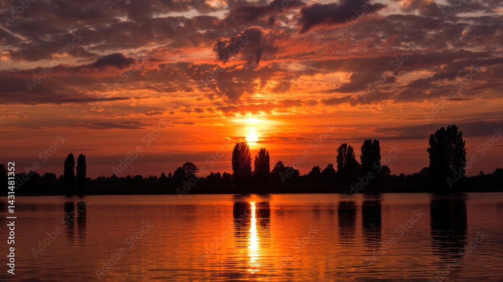 Fototapeta premium Lake sunset with trees silhouette