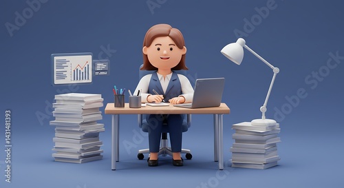 Business Woman Working at Laptop Cartoon 3D.3D cartoon rendering of a businesswoman working on her laptop in a modern office, papers and digital gadgets, city skyline in background, focused 