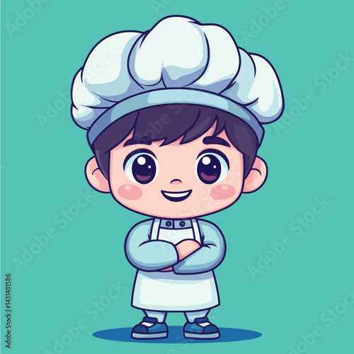 Chef boy mascot cute cartoon no details solid background bright