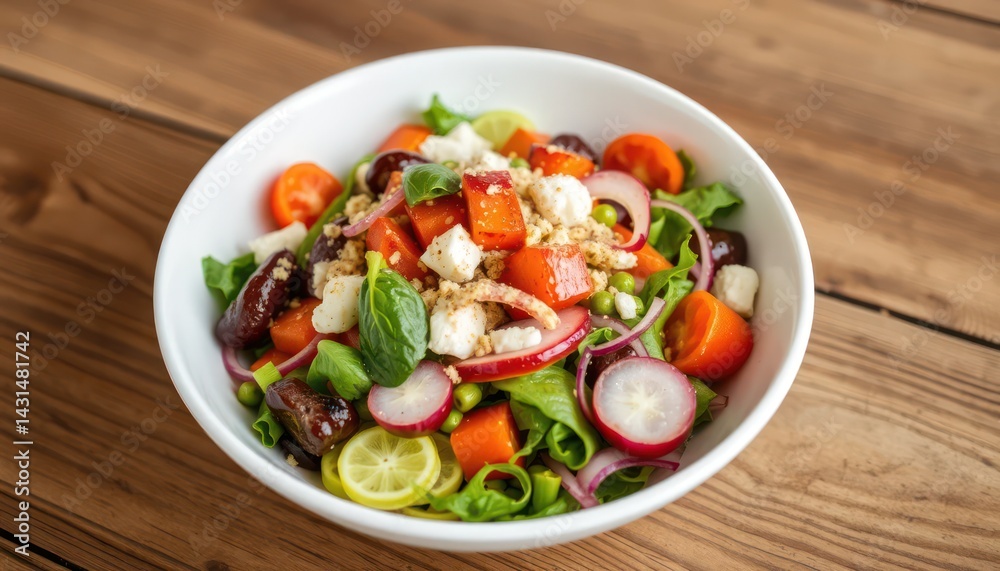 Colorful salad bowl on wooden table Colorful salad bowl on wooden table