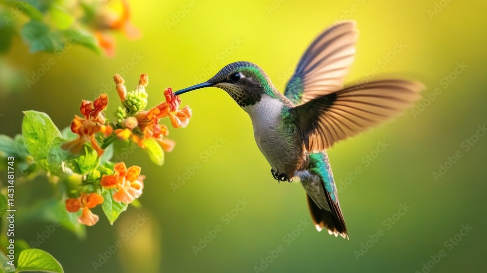 Fototapeta premium Hummingbird's Graceful Flight: Vibrant Blooms and Sunlit Serenity