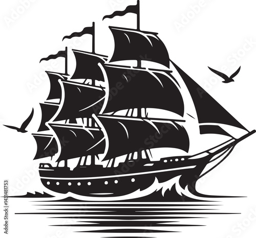 Vintage Sailing Ship Silhouette with Ocean Waves

Old Pirate Ship Illustration in Black and White

Classic Tall Ship with Sails and Birds Silhouette Art

