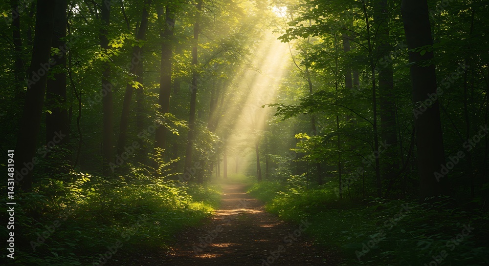 Obraz premium Sunlight streaming through the dense forest, illuminating a path leading into the distance