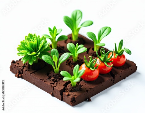 Miniature Vegetable Garden with Seedlings and Tomatoes