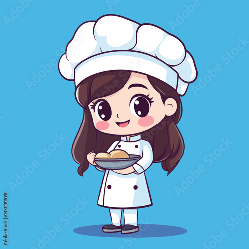 Chef girl mascot cute cartoon no details solid background bright