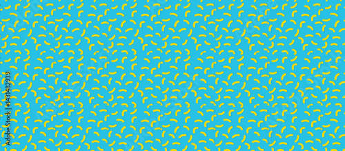 Abstract yellow macaroni pattern on teal-blue background, dense stylized worm shapes with dark outlines, repetitive playful design, vibrant textured surface