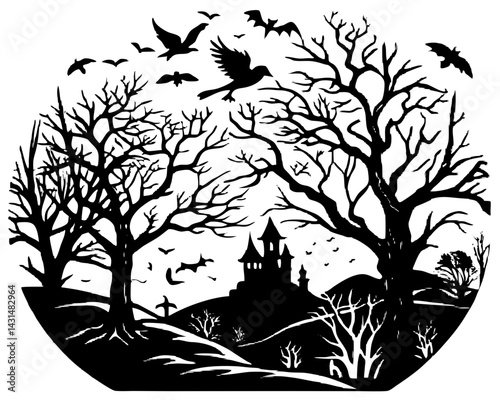 Spooky Halloween Silhouette of Castle and Bare Trees