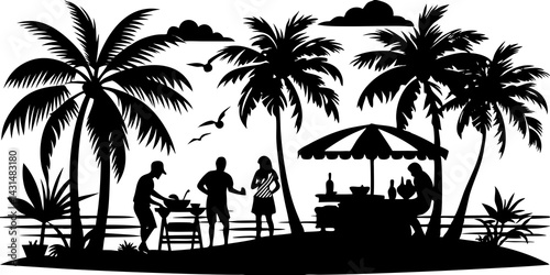 Tropical Beach Barbecue Silhouette with Palm Trees and Friends