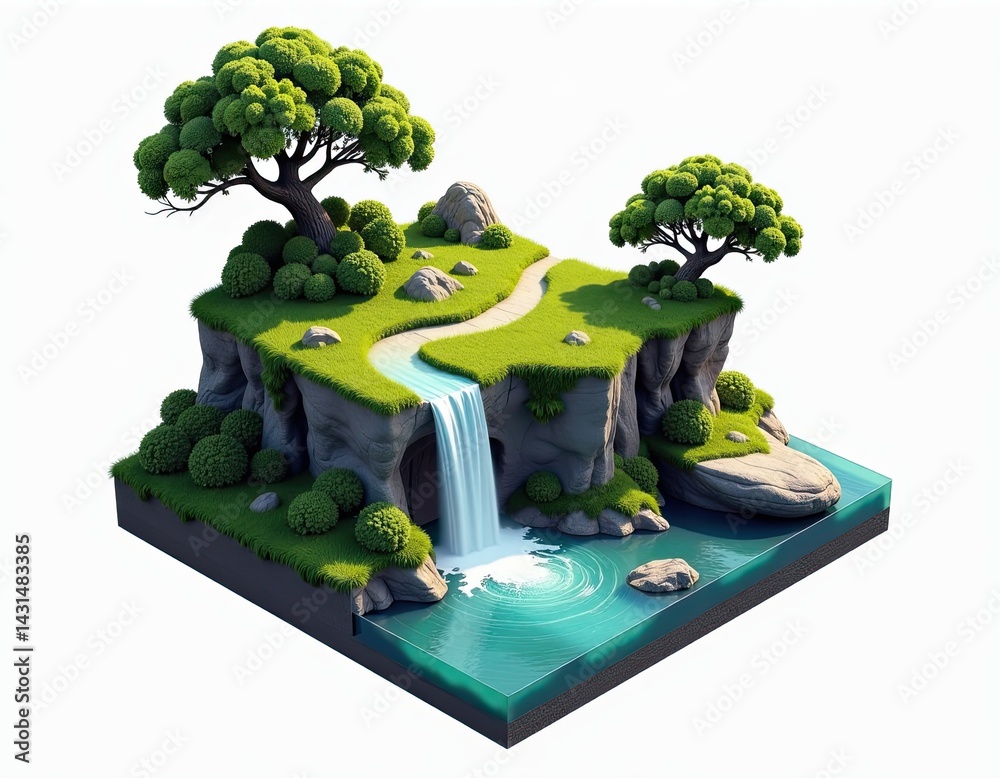 Isometric Landscape with Waterfall and Trees