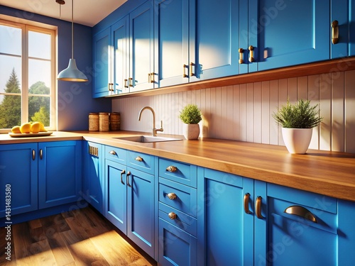 Wallpaper Mural Blue Kitchen Cabinets Sunlight Wooden Countertop Torontodigital.ca