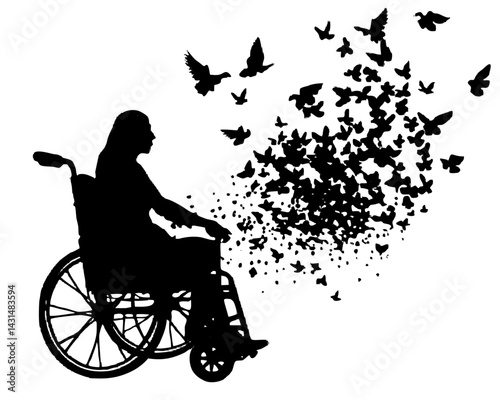 Silhouette of a Person in a Wheelchair with Birds Taking Flight