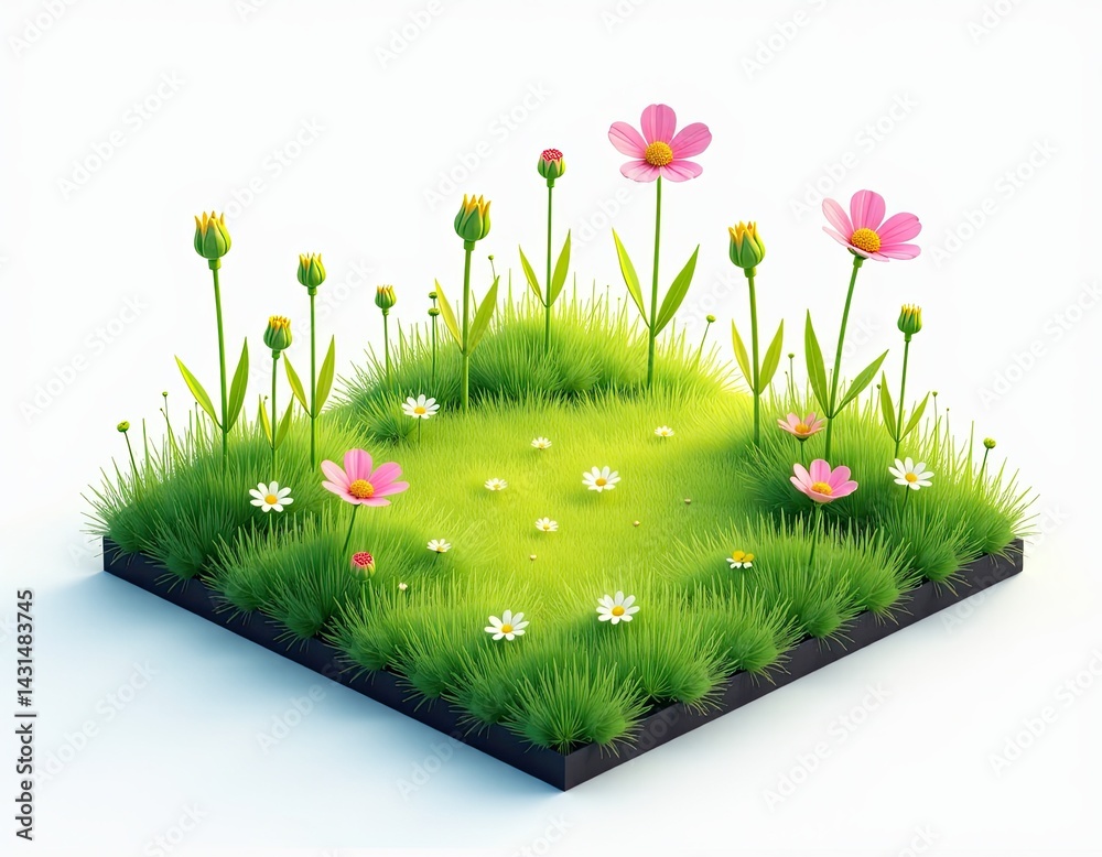 Lush Green Grass Patch with Pink and White Flowers - Spring Meadow in a Square