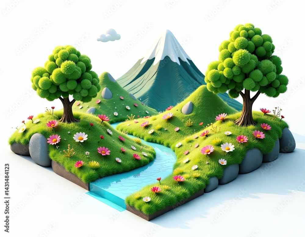Idyllic Cartoon Landscape Springtime Mountain Stream and Flowers