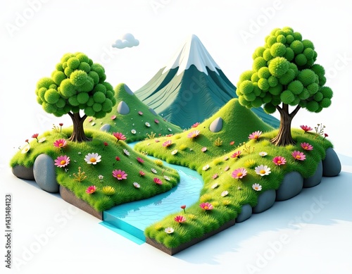 Obraz na płótnie Idyllic Cartoon Landscape Springtime Mountain Stream and Flowers w salonie