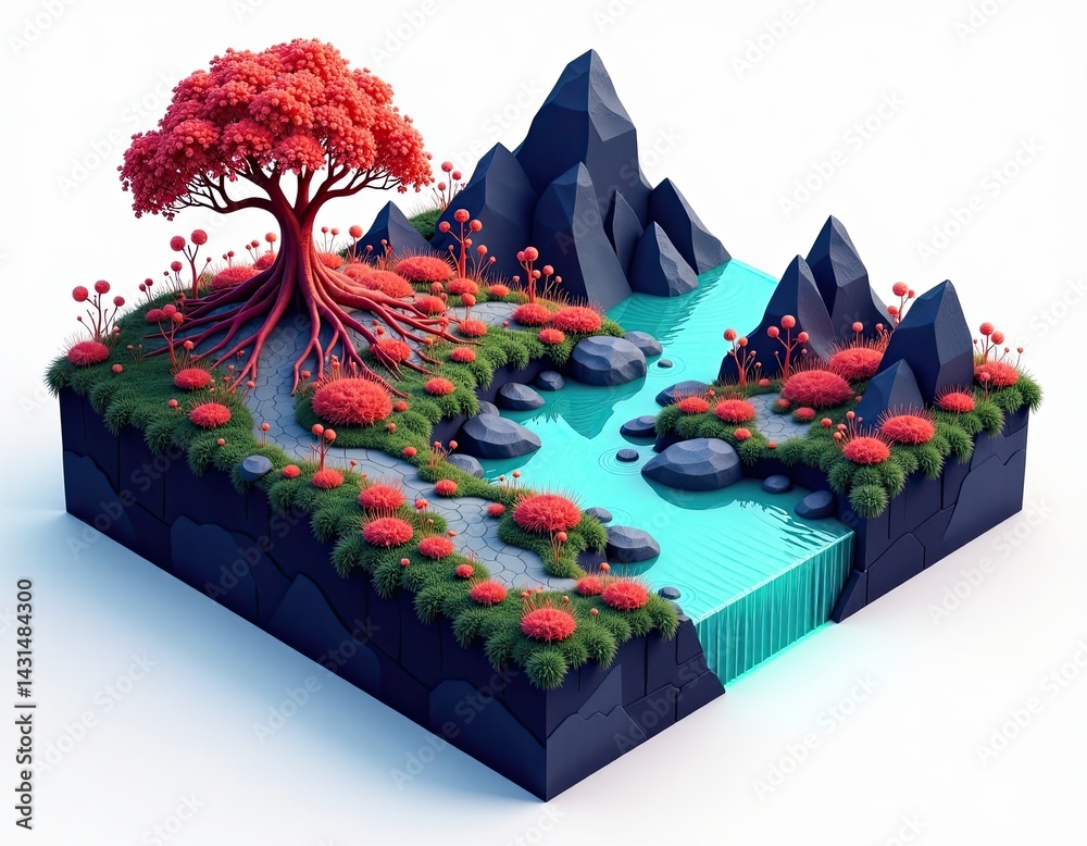 Isometric Landscape with Red Tree and River