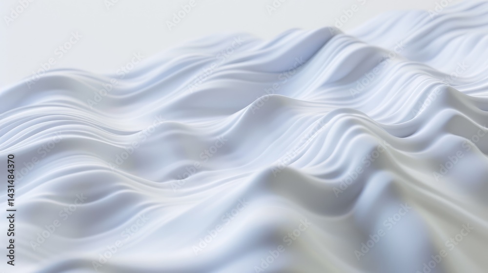 Fototapeta premium Abstract white flowing waves resembling fabric. Background image of 3D rendering art with wavy texture or monochrome wall with ocean wave. Digital artwork for minimalist and modern design. AIG51.