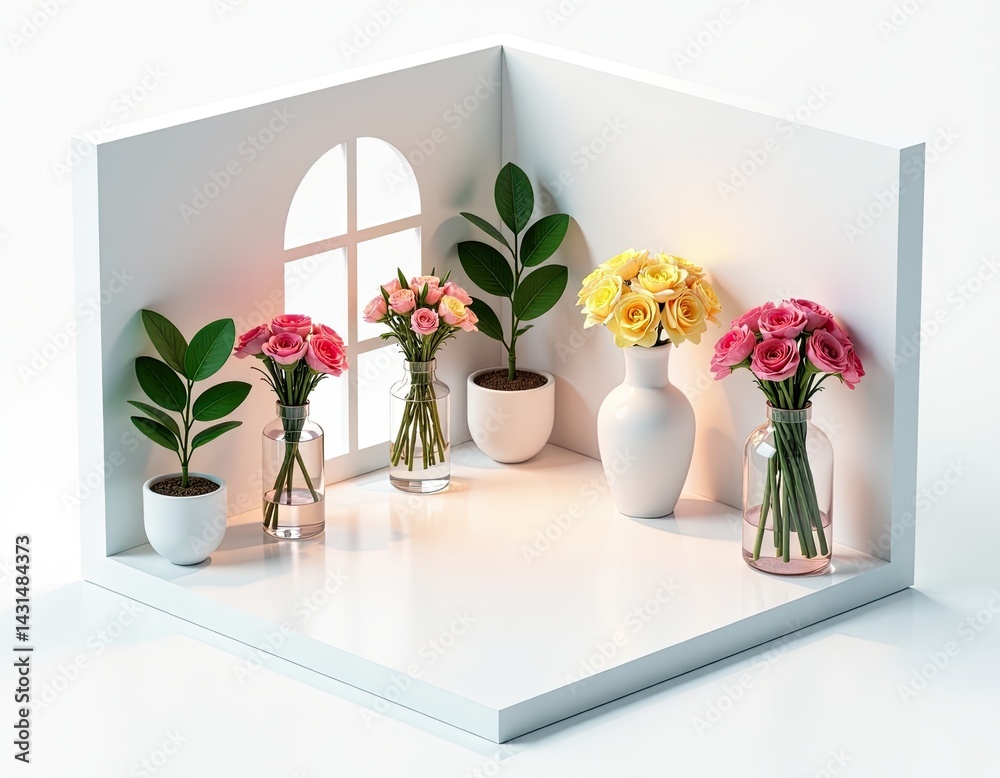 Minimalist White Room with Roses and Plants