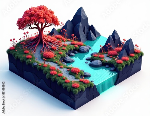 Obraz na płótnie Isometric Landscape with Red Tree and River w salonie
