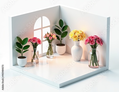 Obraz na płótnie Minimalist White Room with Roses and Plants w salonie