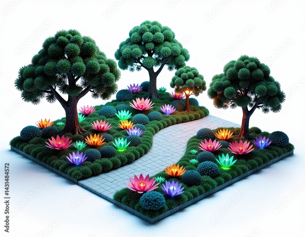 Miniature Garden with Glowing Lotus Flowers