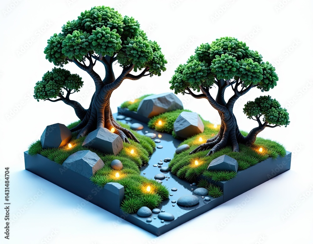 Miniature Zen Garden with Trees and Stream