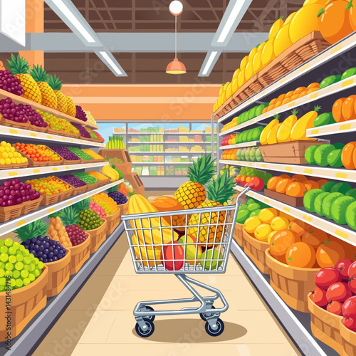 Aisle View of a Grocery Store Fruit and Vegetable Section with a Shopping Cart Filled with Fresh Produce